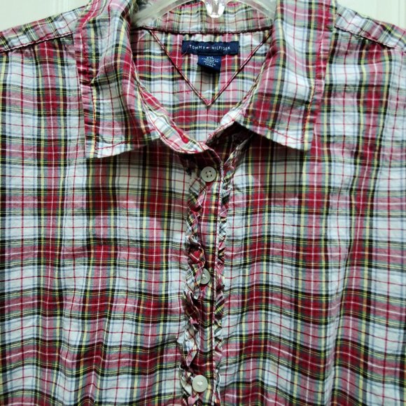 TOMMY HILFIGER Plaid Long-Sleeve Ruffled Button-Up Shirt, XXL - Picture 1 of 9